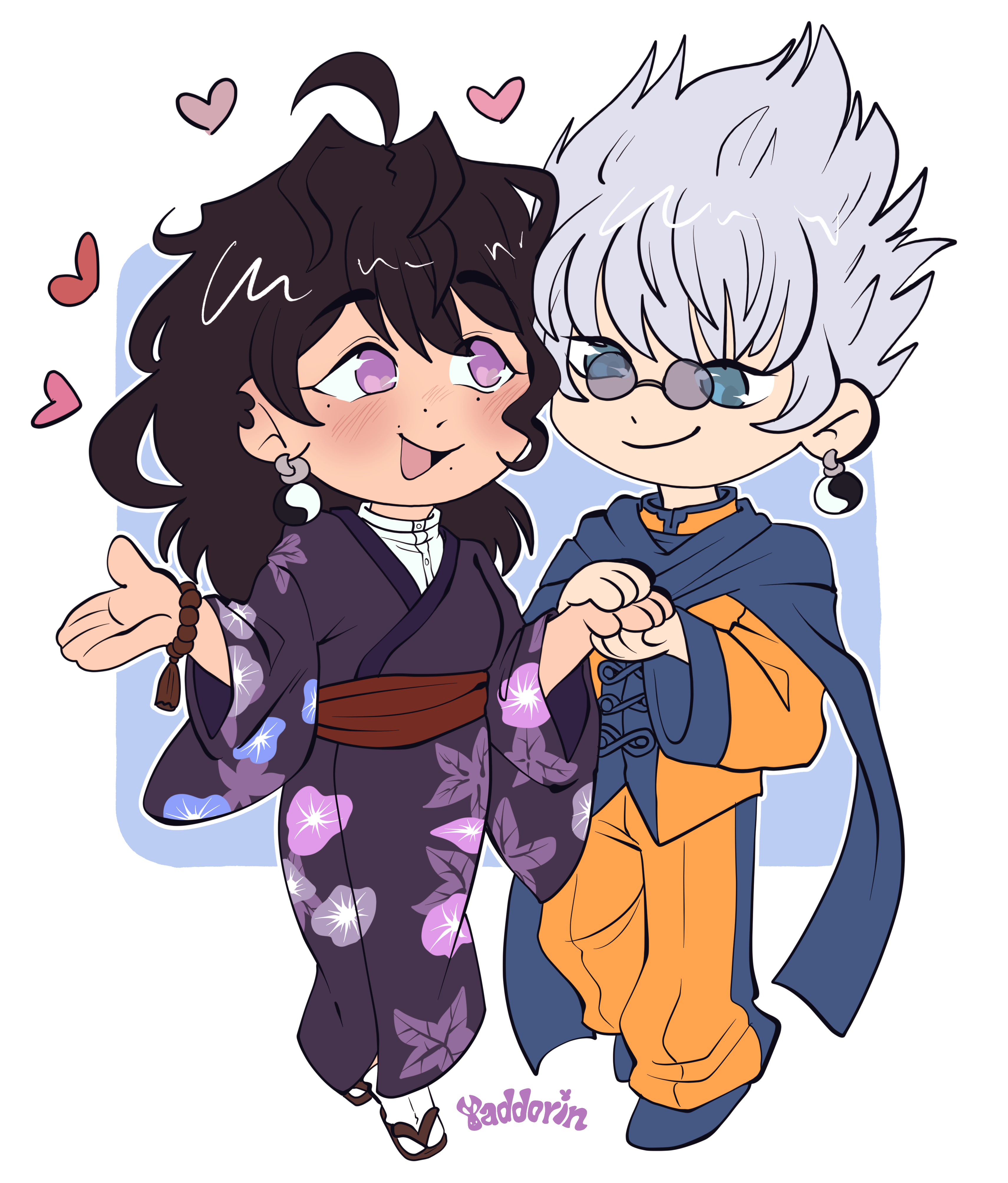 artwork of Enishi holding Yukie's hand in a chibi style